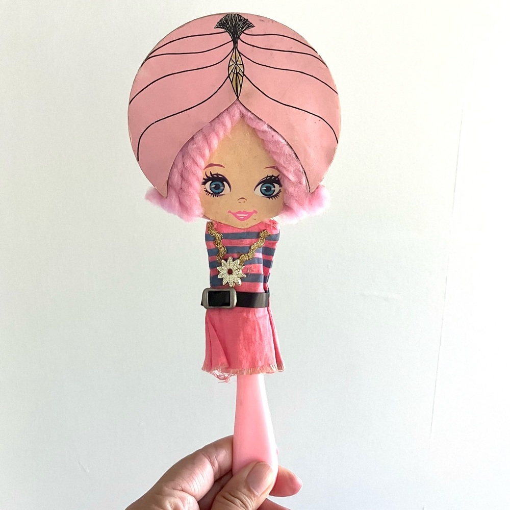 Vintage 60’s pink mod fortune teller boudoir hand mirror